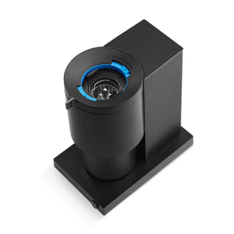 Fellow | Opus Conical Burr Grinder - Matte Black, showcases a sleek design with a 6-blade burr set, offering over 41 grind settings for diverse coffee brewing.