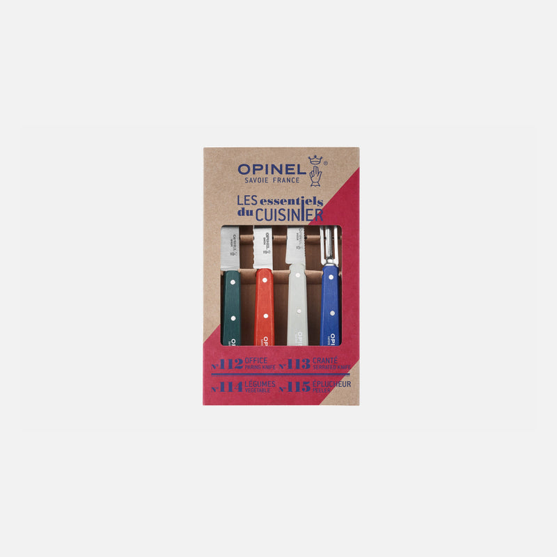 Opinel | Essential Small Kitchen Knife Set featuring four hornbeam-handled tools: paring, serrated, vegetable knife, and peeler, ideal for everyday cooking tasks.