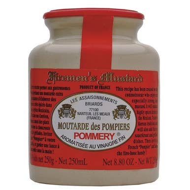 The French Farm - Pommery Fireman's Spicy Mustard 8.8oz in a ceramic pot, ideal for adding heat to sandwiches and roasts.