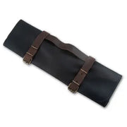 Messermeister - Vintage Leather 7 Pocket Knife Roll - Black: Black leather roll-up pouch with brown buckle straps, designed to hold up to 7 knives securely.