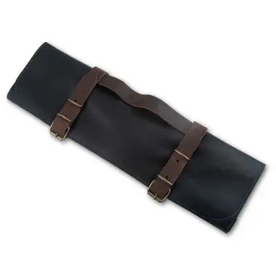 Messermeister - Vintage Leather 7 Pocket Knife Roll - Black: Black leather roll-up pouch with brown buckle straps, designed to hold up to 7 knives securely.