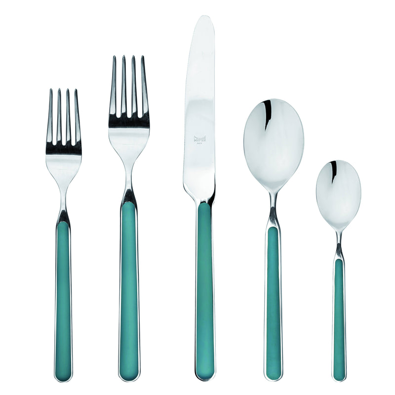 Mepra SPA - Place Set 5 Pcs Fantasia: Light Blue, showcasing high-quality stainless steel and resin utensils, elegantly designed with durable, welded handles. Ideal for sophisticated dining.