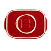 Emile Henry Cheese Box lid in red-glazed ceramic, featuring Cheese Box embossing and CH monogram, designed for stylish cheese storage and serving.