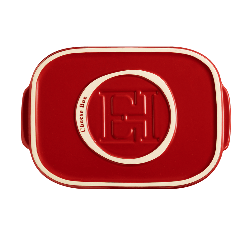 Emile Henry Cheese Box lid in red-glazed ceramic, featuring Cheese Box embossing and CH monogram, designed for stylish cheese storage and serving.