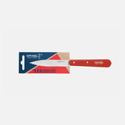 Opinel | Essential Small Serrated Knife, Red, in retail packaging with a red handle and 10-cm scalloped stainless steel blade, ideal for cutting crusty foods and produce.
