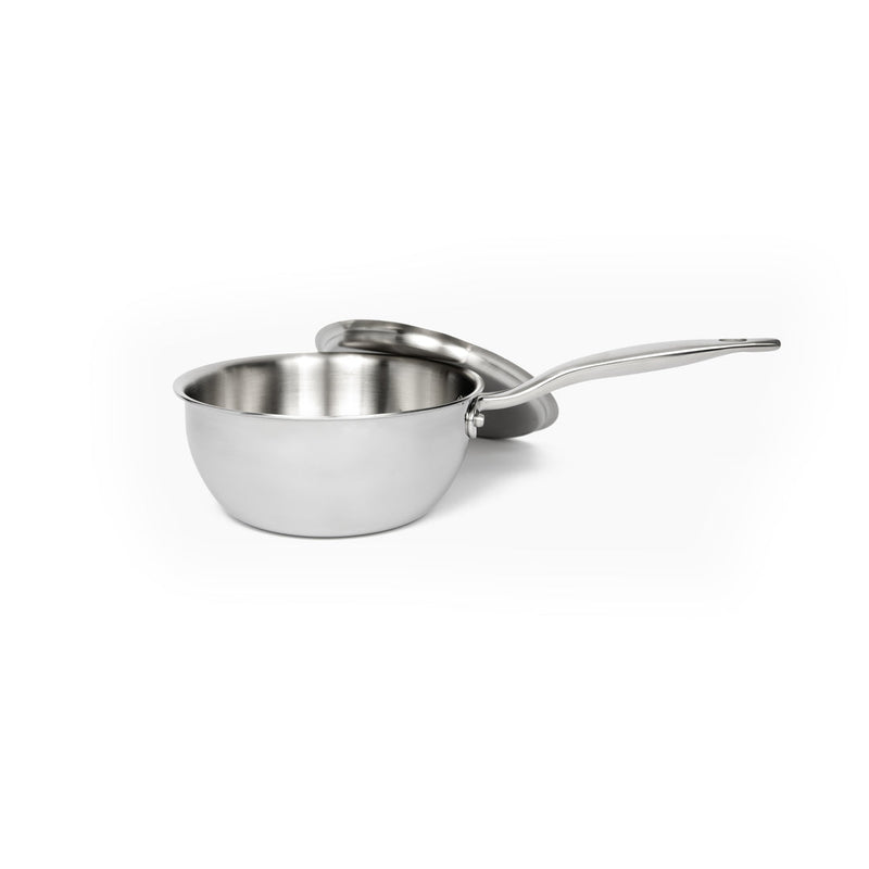 Heritage Steel 2 quart titanium saucier with lid featuring a polished stainless steel finish, ideal for versatile cooking