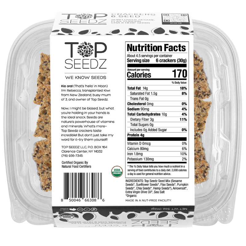 Top Seedz - 6 Seed Crackers, grain-free, displayed in a plastic container with label, highlighting their crisp texture and seed blend. Packaged in 5oz boxes.
