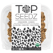 Top Seedz - 6 Seed Crackers (Grain-Free) in a clear plastic container, showcasing the 5oz package with visible crackers and product logo.