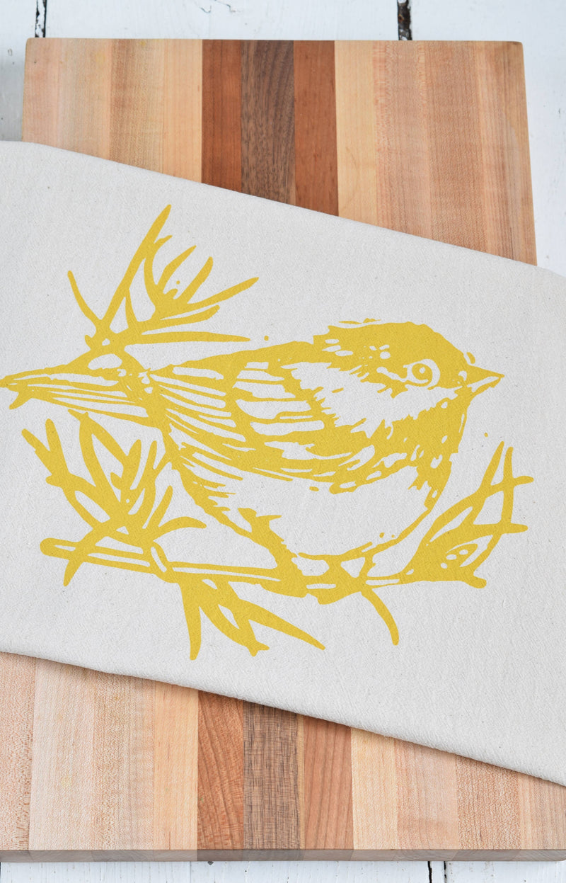 Hearth and Harrow | Organic Cotton Chickadee Tea Towel in Mustard Yellow - Bird