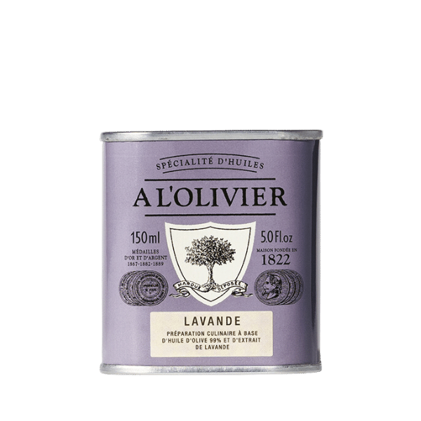 The French Farm - A l'Olivier Lavender Olive Oil 5oz tin, showcasing lavender-flavored olive oil, ideal for enhancing desserts and savory dishes.