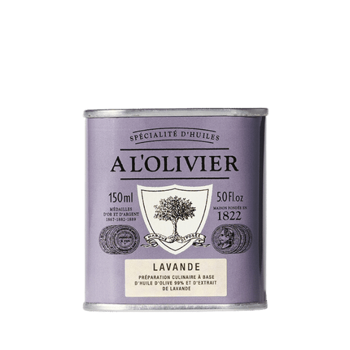 The French Farm - A l'Olivier Lavender Olive Oil 5oz tin, showcasing lavender-flavored olive oil, ideal for enhancing desserts and savory dishes.