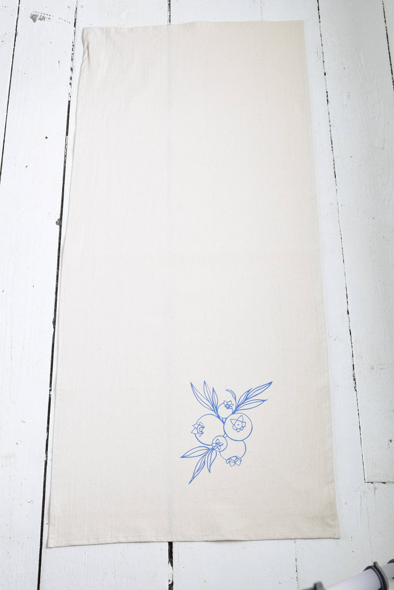 Hearth and Harrow - Wild Blueberry Tea Towel, organic cotton with a blue ink wild blueberry design, screen-printed on the bottom half.