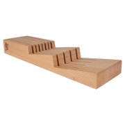 Shun In-Drawer Knife Tray with 7 slots, made of beechwood, featuring parallel grooves to securely store a medium-sized knife collection.