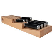 Shun In-Drawer Knife Tray with six knives, featuring black handles and metal butt caps, stored in a beechwood block with individual slots for organized storage.