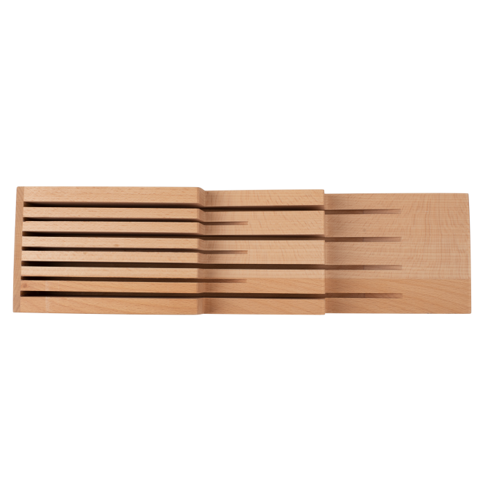 Shun | In-Drawer Knife Tray, 7 Slot, features a beechwood panel with horizontal slots for organizing up to seven kitchen knives neatly in a drawer.