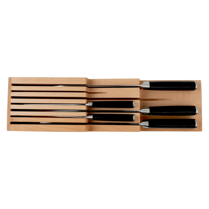 Shun | In-Drawer Knife Trays, 7 Slot, featuring black-handled stainless-steel knives organized in a beechwood holder, perfect for maintaining a tidy kitchen space.