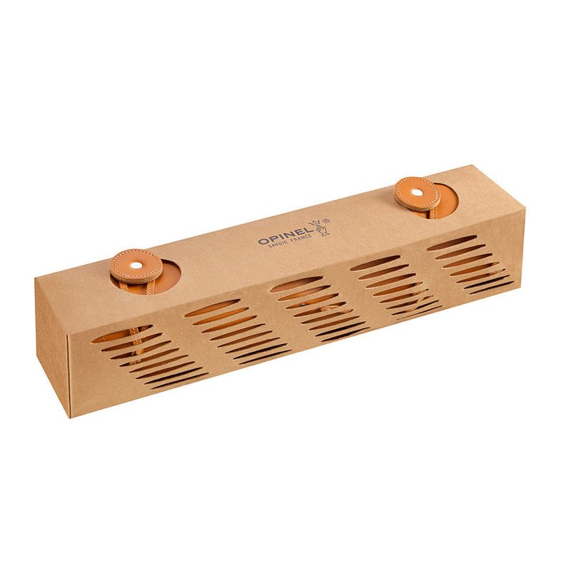 Opinel | 8 Slot Chef Knife Carrier, Leather: A stylish knife roll with leather straps, slots for eight knives, and Opinel Savoie France logo, ideal for culinary enthusiasts.