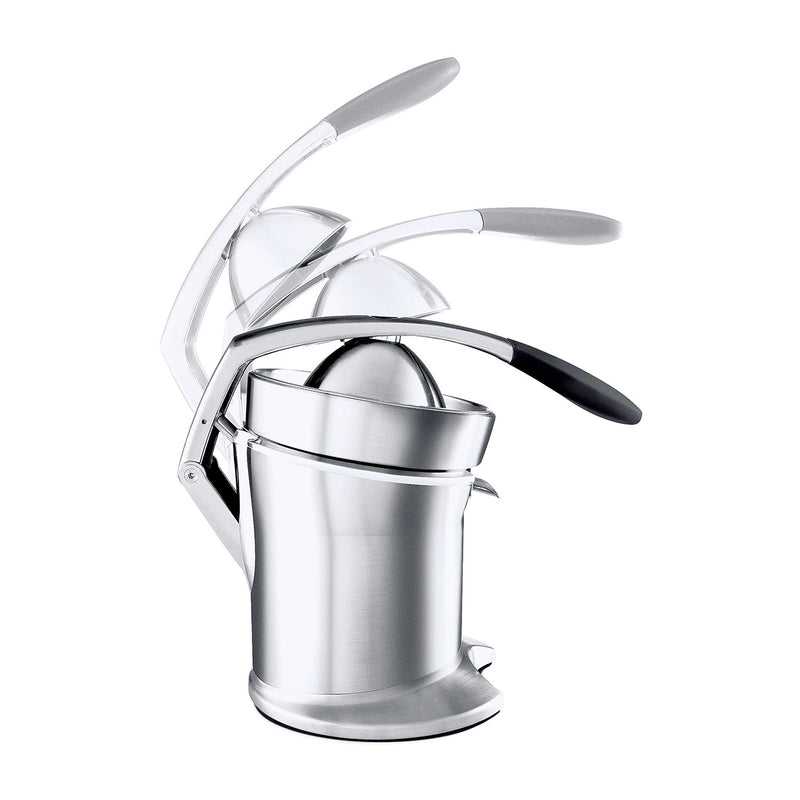 Breville | Citrus Press Pro, a stainless-steel lever-action juicer, features a finned conical reamer for efficient citrus juice extraction with a built-in strainer and spout.
