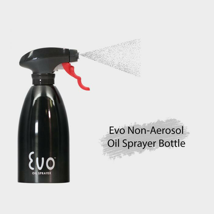 Evo Stainless Steel Non-Aerosol Oil Sprayer with ergonomic trigger, designed for precise cooking, shown in Athens Cooks' curated kitchen collection.