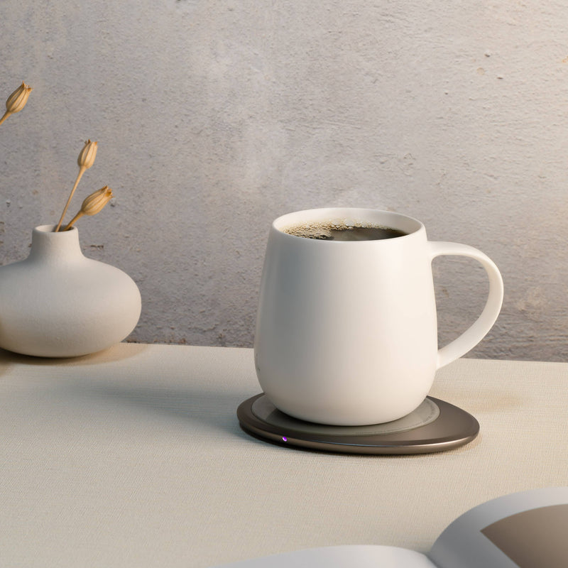 OHOM - Ui 3 Self-heating Mug Set: Jasmine White on a warming coaster, with a vase of dried flowers and an open book nearby.