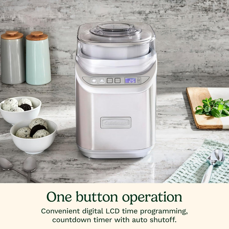 Cuisinart | Cool Creations 2 Quart Ice Cream Maker on a counter with a bowl of ice cream. Ideal for homemade frozen treats.