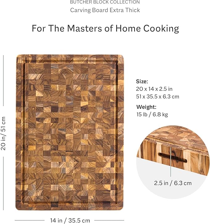 Teakhaus | Extra Thick End Grain Cutting & Carving Board, showcasing measured durability and a smooth surface, ideal for heavy-duty kitchen tasks in Athens Cooks' curated collection.