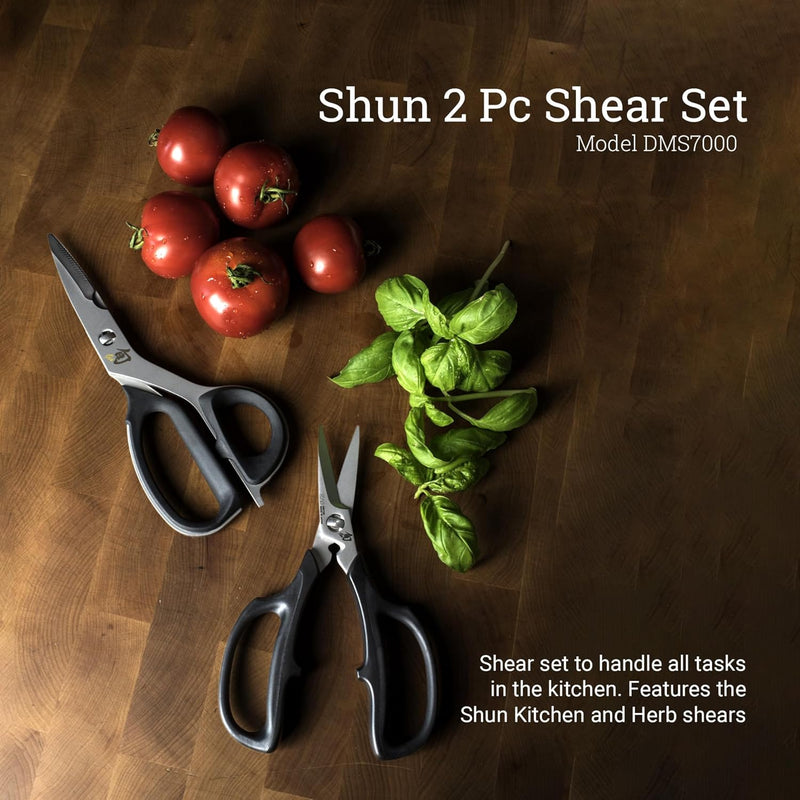 Shun | Shear Set, 2-Piece on butcher block with kitchen and herb shears, ripe tomatoes, and basil leaves, ideal for versatile kitchen tasks.