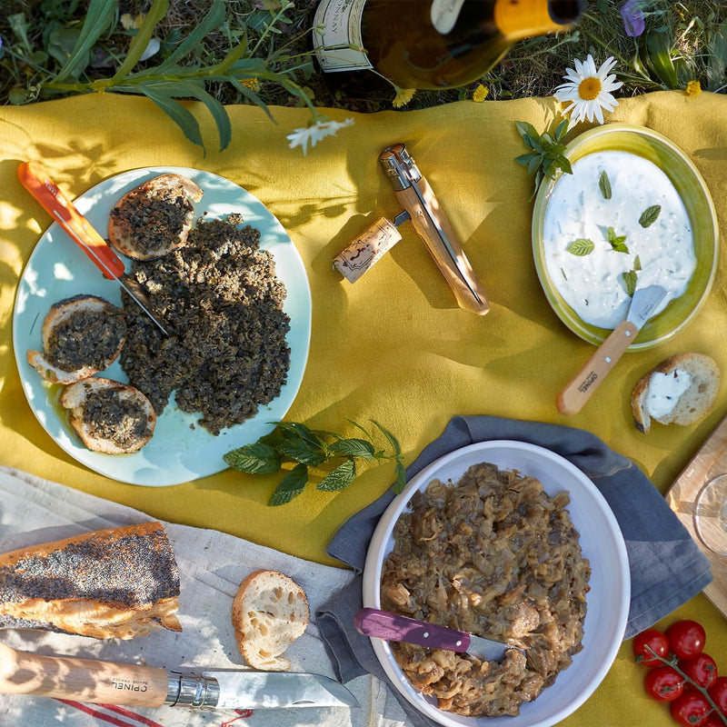 Opinel Essential Spreading Knife, Apple Green, rests in eggplant dip amidst a casual picnic spread with bread, dips, and wine on a yellow cloth.