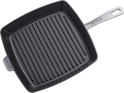 Staub Cast Iron Square Grill Pan in Graphite Grey, designed for high-heat cooking, offers authentic grill marks and elegant kitchen style, perfect for indoor grilling.