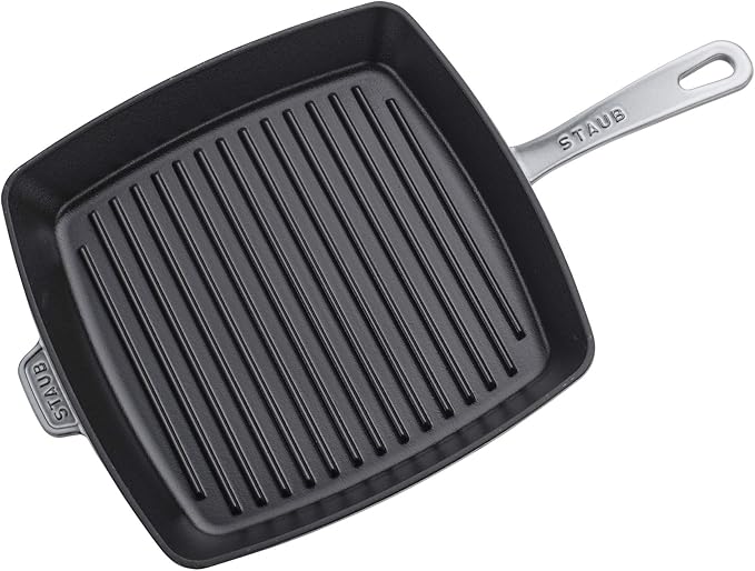 Staub Cast Iron Square Grill Pan in Graphite Grey, designed for high-heat cooking, offers authentic grill marks and elegant kitchen style, perfect for indoor grilling.