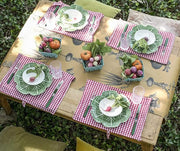 Hester & Cook | Farmer's Market Runner displayed on a table with plates, vegetables, and a basket, showcasing a vibrant kitchen decor setup.