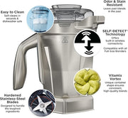 Vitamix | 48 oz Stainless Steel Container, showcasing its durable, professional-grade design with a close-up of the blade and no-drip spout for efficient blending.