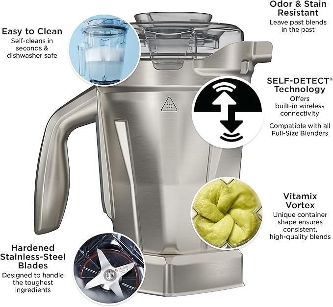 Vitamix | 48 oz Stainless Steel Container, showcasing its durable, professional-grade design with a close-up of the blade and no-drip spout for efficient blending.