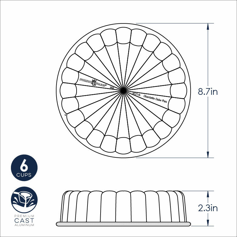 Nordic Ware | Charlotte Cake Pan sketch, illustrating its unique circular design for crafting the classic French dessert with ease, holding up to 6 cups.