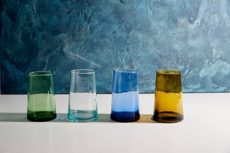 Moroccan Cone Glassware Large Amber - Set of 6, hand-blown cone-shaped glasses with visible bubbles, crafted from recycled bottles, perfect for drinks or as decorative vases.