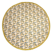 Couleur Nature - Forest Harvest Mustard & Blue tablecloth features a floral pattern with white and blue accents, hand-printed on mustard-gold cotton fabric, 59 x 86.