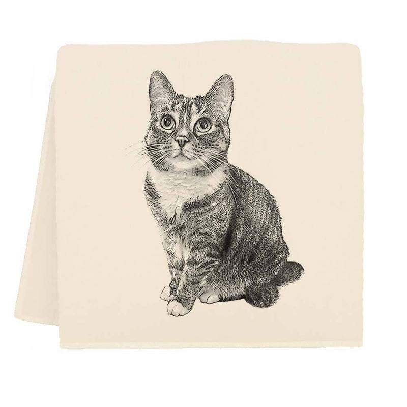 Eric & Christopher - Cat Tea Towel - Izzy features a cream-colored, folded card with a black-and-white illustration of a tabby cat, winner of a 2022 photo contest.