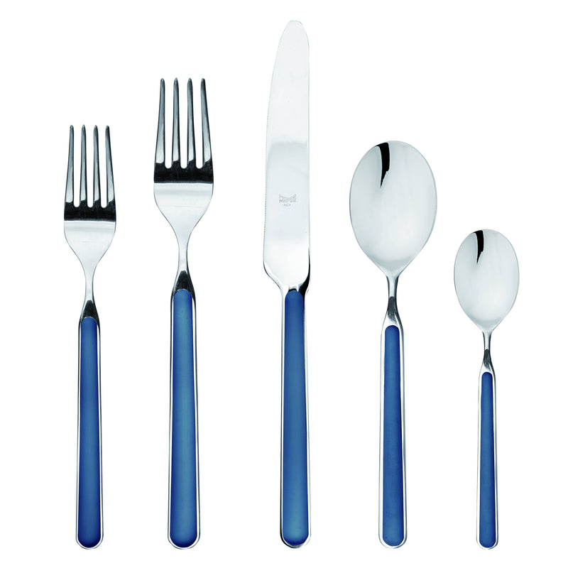 Mepra SPA - Place Set 5 Pcs Fantasia: New Coral featuring elegant silverware with blue handles, crafted from high-quality stainless steel and resin, emphasizing durability and timeless design.