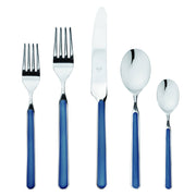 Mepra SPA - Place Set 5 Pcs Fantasia: Turtle-dove features elegant stainless steel silverware with blue handles, showcasing Italian craftsmanship and durability.