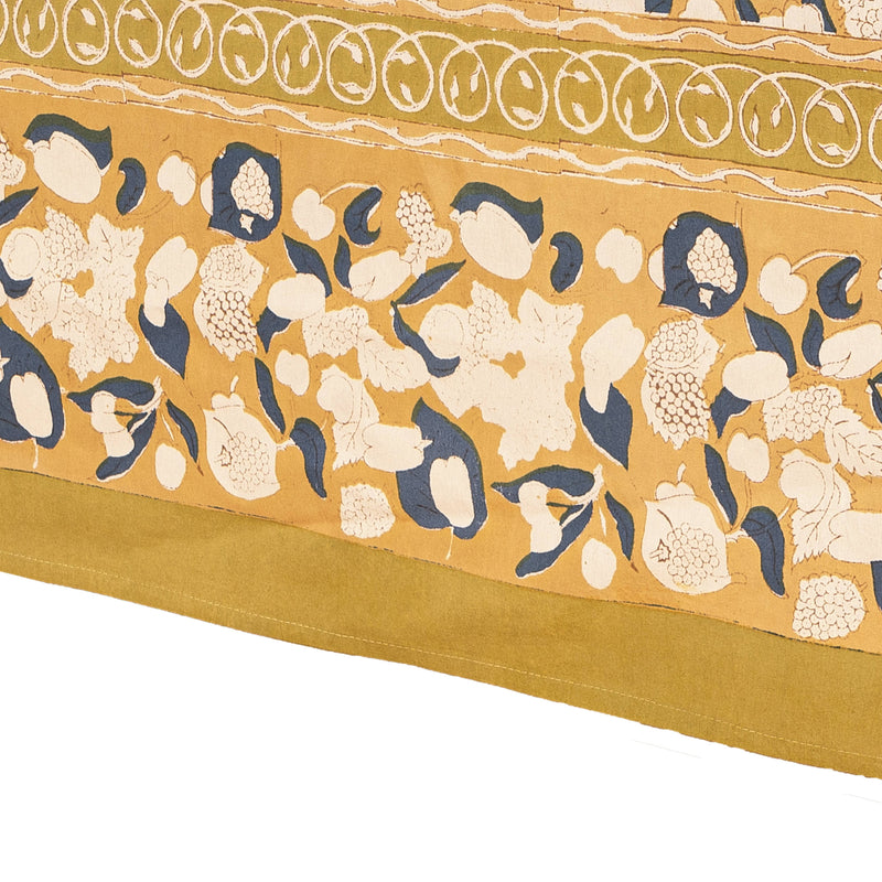 Couleur Nature - Forest Harvest Mustard & Blue tablecloth, 59 x 86, featuring hand-printed fruit motifs on linen, inspired by Provençal forests.