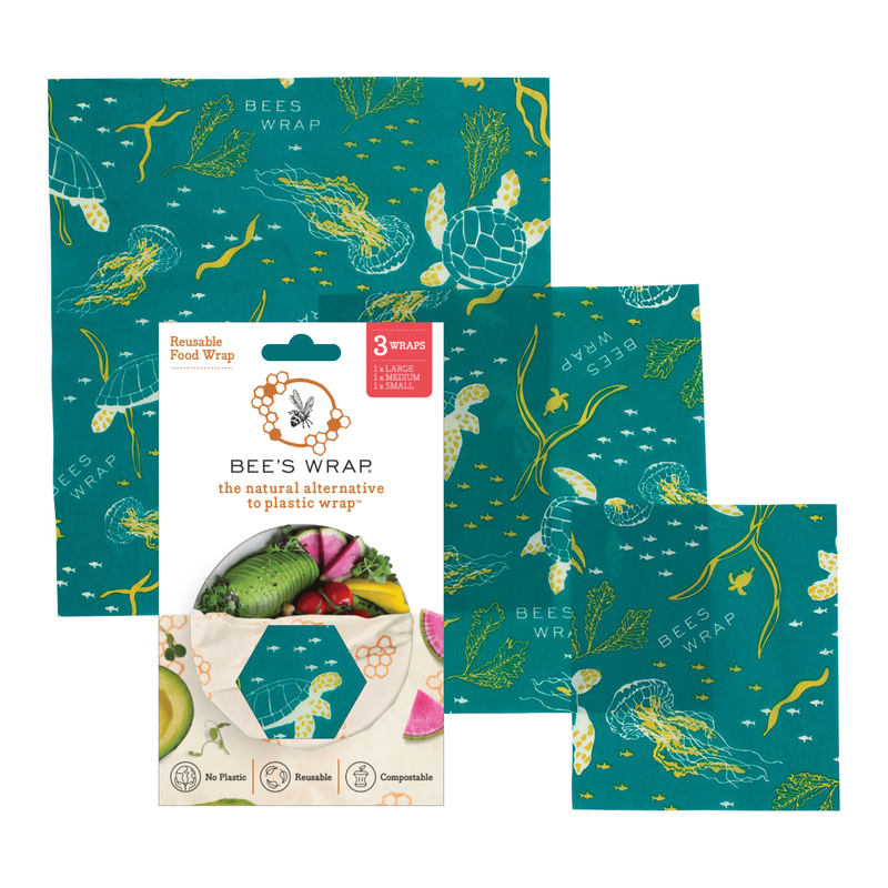 Bee's Wrap - Assorted 3 Pack - Oceans featuring sea turtle and sea grass illustrations, ideal for sustainable food storage with reusable organic cotton wraps.