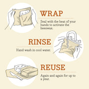 Bee's Wrap - Assorted 3 Pack - Botanical: Step-by-step guide on using and caring for reusable beeswax wraps, including wrapping, rinsing, and reusing for sustainable food storage.
