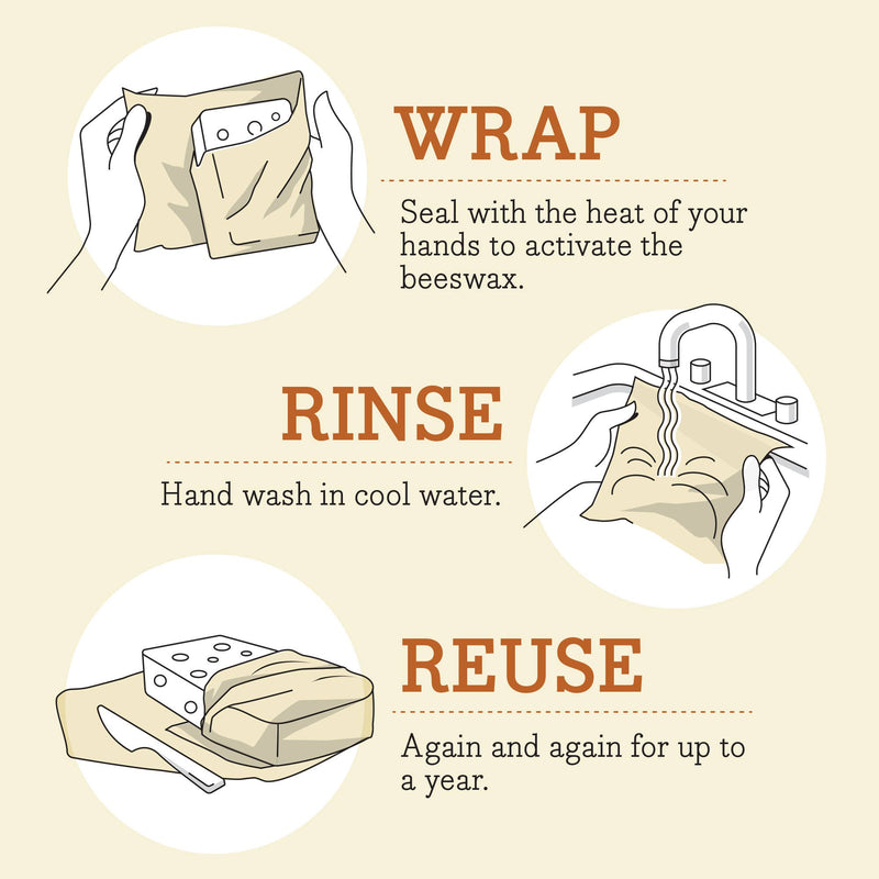 Bee's Wrap - Assorted 3 Pack - Botanical: Step-by-step guide on using and caring for reusable beeswax wraps, including wrapping, rinsing, and reusing for sustainable food storage.