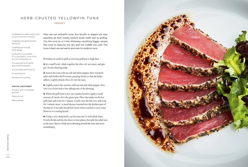 Herb-crusted yellowfin tuna recipe from Seafood Simple: A Cookbook by Penguin Random House LLC, featuring a plated dish with soy-ginger dressing.
