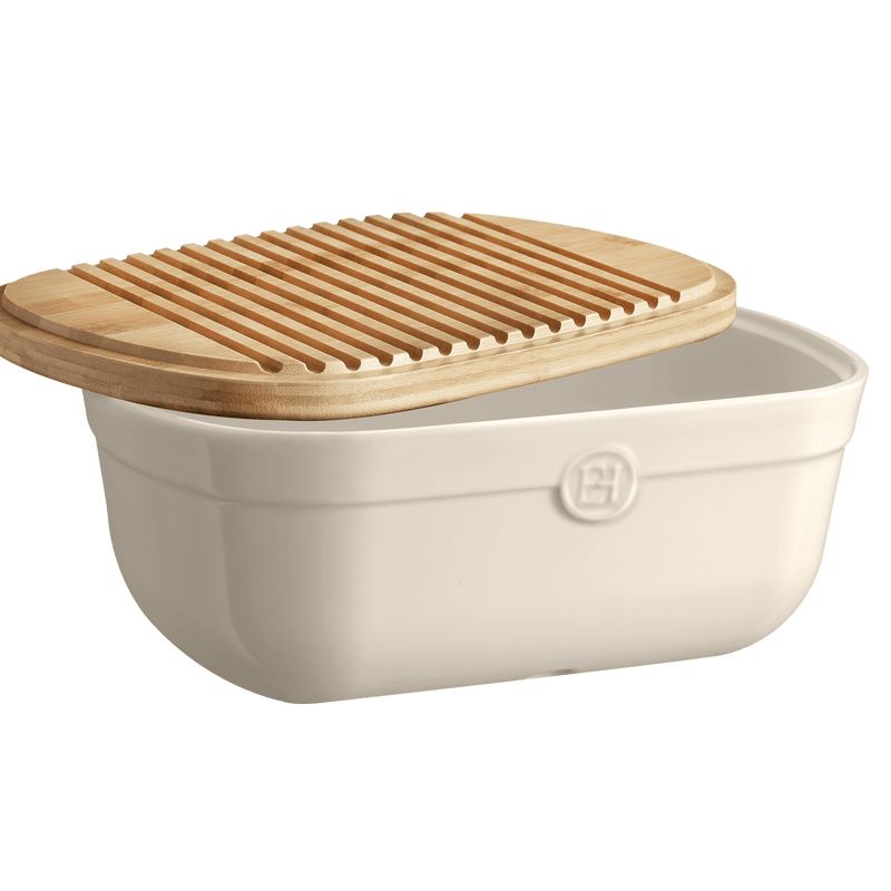 Emile Henry | Bread Box, Truffle: Off-white ceramic with a bamboo lid, doubling as a crumb-catching board, ideal for artisan bread storage.