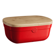 Emile Henry | Bread Box, Burgundy: A red ceramic storage container with a bamboo lid, designed for freshness and durability, perfect for keeping baked goods crisp and soft.