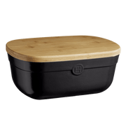 Emile Henry | Bread Box, Truffle: Black base with a bamboo lid, designed for optimal bread storage—balancing humidity and air circulation, with a crumb-catching groove for slicing.