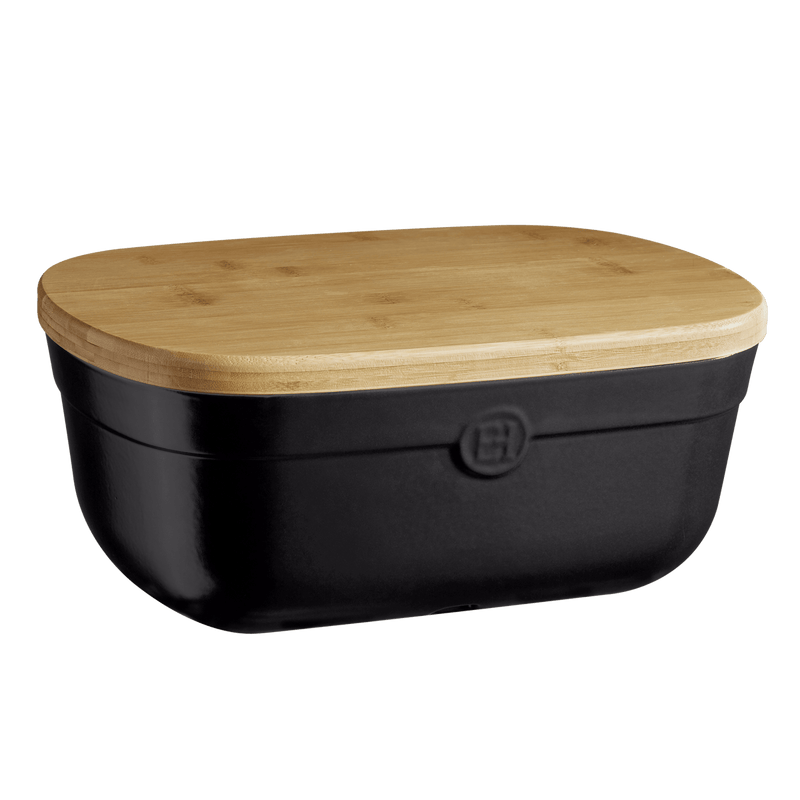 Emile Henry | Bread Box, Truffle: Black base with a bamboo lid, designed for optimal bread storage—balancing humidity and air circulation, with a crumb-catching groove for slicing.