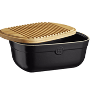 Emile Henry | Bread Box, Burgundy: Rectangular black dish with slotted bamboo lid, ideal for baking or storing bread; lid doubles as a cutting board.