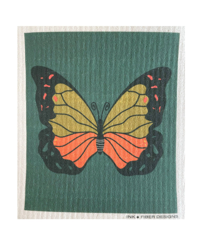 Ink and Fiber Designs - Butterfly Swedish Dishcloth, featuring a butterfly motif, perfect for eco-friendly cleaning. Absorbs 15x its weight, reusable up to 200 times.